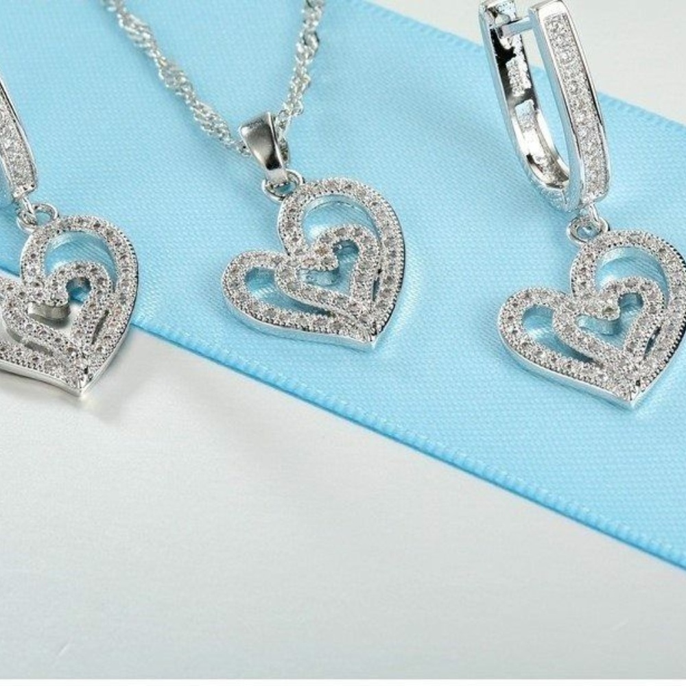 New 3 Pc 925 Sterling silver  Pave Heart set